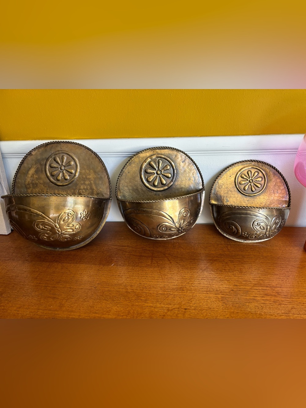 Set of three brass wall pocket hanging plant holders vintage butterfly flower